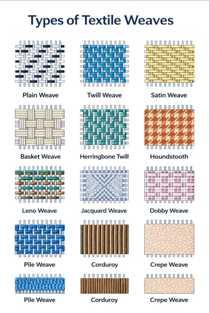 Types of Textile Weaves Plain Weave Twill Weave Satin Weave Basket Weave Herringbone Twill Houndstooth Leno Weave Jacquard Weave Dobby Weave Pile Weave Corduroy Crepe Weave Pile Weave Corduroy Crepe Weave
