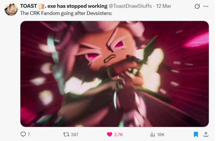 TOAST .exe has stopped working @ToastDrawStuffs - 12 Mar The CRK Fandom going after Devsisters: Q7 1387 2.7K lil 18K ①