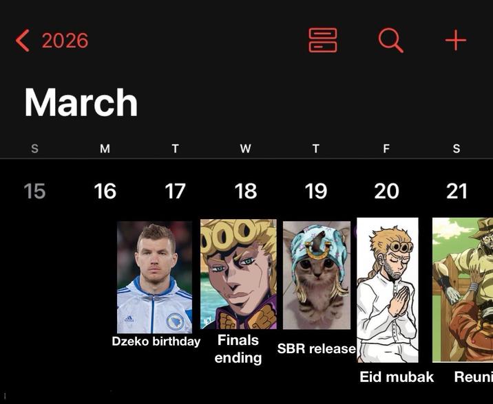 < 2026 March 昌 00 Q S M T W T + S FL 15 16 17 18 19 20 21 1 Dzeko birthday Finals ending SBR release Eid mubak Reuni