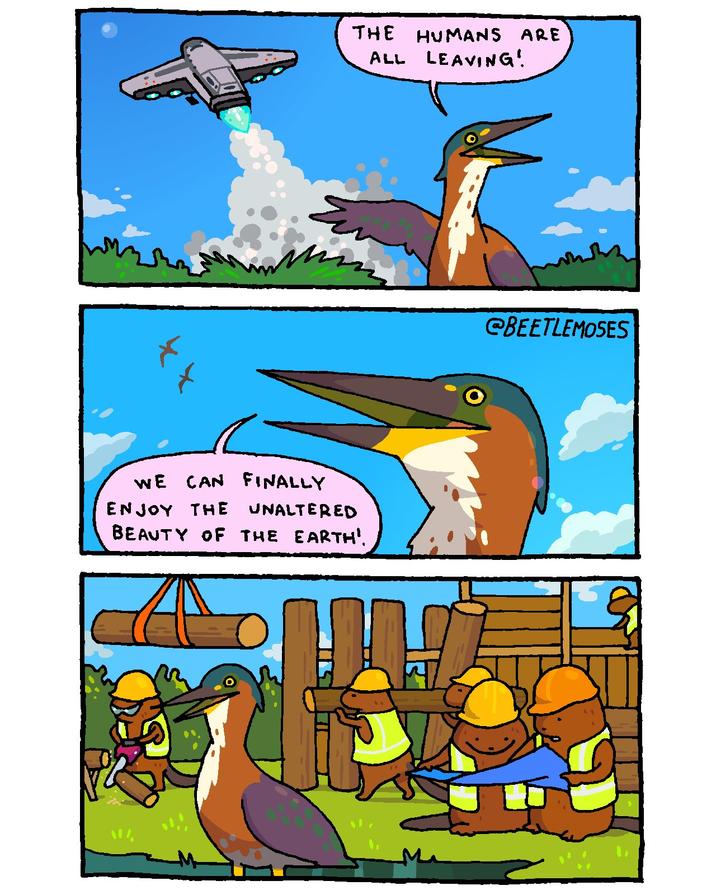 THE HUMANS ARE ALL LEAVING! Eu ли WE CAN FINALLY ENJOY THE UNALTERED BEAUTY OF THE EARTH'. @BEETLEMOSES