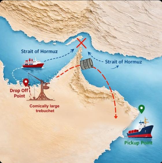 Strait of Hormuz Drop Off Point Comically large trebuchet Strait of Hormuz Pickup Point