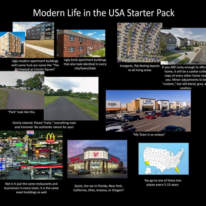 TH Modern Life in the USA Starter Pack กา Ugly modern apartment buildings with some f----ass name like "The Birchwood at Lincoln Square" Ugly brick apartment buildings that also look identical in every city/town/state Inorganic, flat-feeling layouts If you ARE lucky enough to affor to all living areas home, it will be a cookie-cutte copy of every other home nea you. Minor adjustments to be "custom," but still bland, grey, a soulless. "Park" look like this. Overly cleared. Paved "trails," everything neat and trimmed. No authentic nature for you! EXON M McDonald's ROSS FOR CULTA "My Town is so unique" Not is it just the same restaurants and businesses in every town, it is the same exact buildings as well Quick, Are we in Florida, New York, California, Ohio, Arizona, or Oregon? You go to one of these two places every 5-15 years