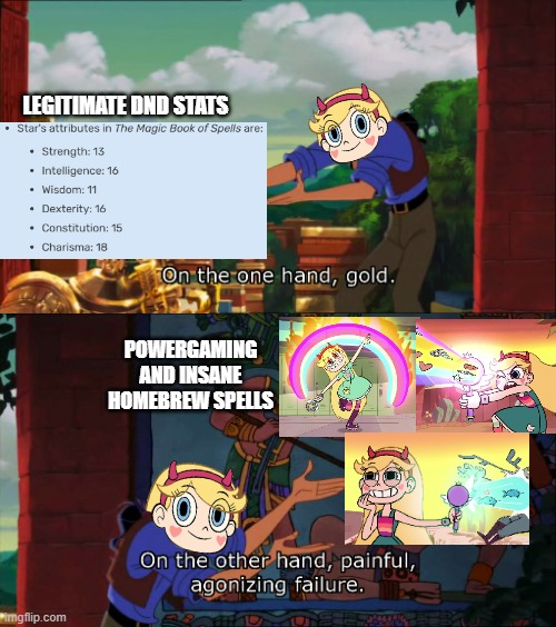 LEGITIMATE DND STATS • Star's attributes in The Magic Book of Spells are: • Strength: 13 • Intelligence: 16 • Wisdom: 11 • Dexterity: 16 • Constitution: 15 • Charisma: 18 On the one hand, gold. imgflip.com POWERGAMING AND INSANE HOMEBREW SPELLS On the other hand, painful, agonizing failure.