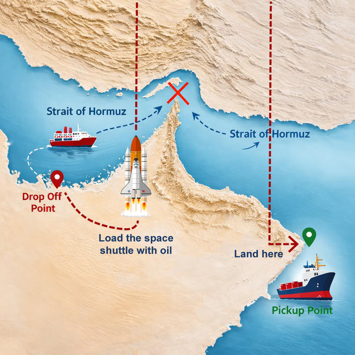 Strait of Hormuz Drop Off Point Load the space shuttle with oil Strait of Hormuz Land here " Pickup Point
