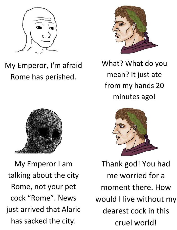 My Emperor, I'm afraid Rome has perished. What? What do you mean? It just ate from my hands 20 minutes ago! My Emperor I am talking about the city Rome, not your pet c--- "Rome". News just arrived that Alaric has sacked the city. Thank god! You had me worried for a moment there. How would I live without my dearest c--- in this cruel world!