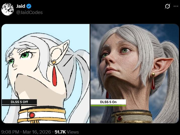 DLSS 5 Off Jaid @JaidCodes AME 9:08 PM · Mar 16, 2026 51.7K Views DLSS 5 On