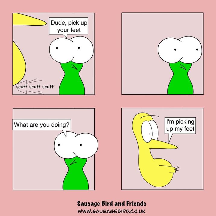 scuff scuff scuff Dude, pick up your feet What are you doing? Sausage Bird and Friends WWW.SAUSAGEBIRD.CO.UK I'm picking up my feet