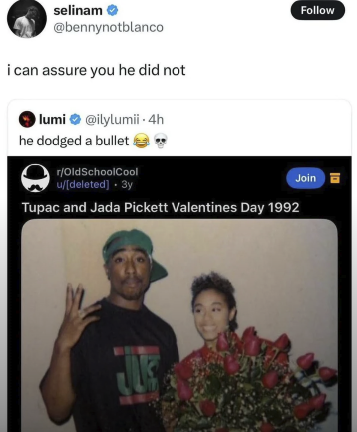 selinam @bennynotblanco i can assure you he did not lumi @ilylumii. 4h he dodged a bullet r/OldSchoolCool u/[deleted] ⚫ 3y Tupac and Jada Pickett Valentines Day 1992 Follow Join