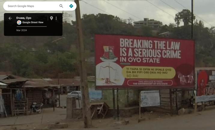 Search Google Maps ← Eruwa, Oyo G Google Street View Mar 2024 9: 0 BREAKING THE LAW IS A SERIOUS CRIME IN OYO STATE TI TAPA SI OFIN NI IPINLE OYO DA BII FIFI ORI OKA HO IMU SO RA! THIS MESSAGE IS FROM THE COVERMENT OF OVO STATE 90