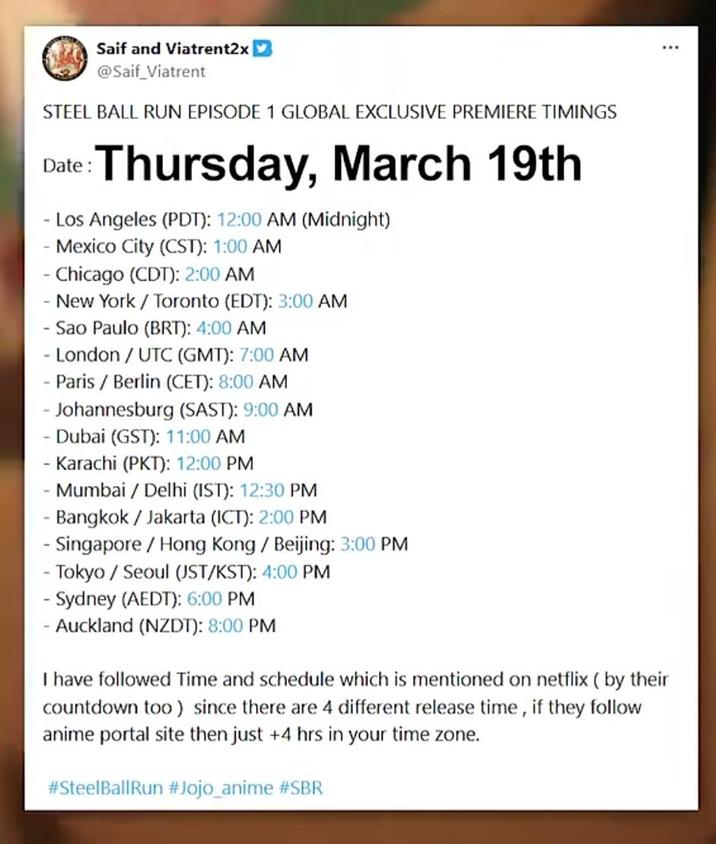 Saif and Viatrent2x | @Saif_Viatrent STEEL BALL RUN EPISODE 1 GLOBAL EXCLUSIVE PREMIERE TIMINGS Date: Thursday, March 19th - Los Angeles (PDT): 12:00 AM (Midnight) - Mexico City (CST): 1:00 AM - Chicago (CDT): 2:00 AM - New York/Toronto (EDT): 3:00 AM - Sao Paulo (BRT): 4:00 AM - London / UTC (GMT): 7:00 AM - Paris / Berlin (CET): 8:00 AM - - Johannesburg (SAST): 9:00 AM - Dubai (GST): 11:00 AM - Karachi (PKT): 12:00 PM - Mumbai / Delhi (IST): 12:30 PM Bangkok/Jakarta (ICT): 2:00 PM - Singapore / Hong Kong / Beijing: 3:00 PM - Tokyo / Seoul (JST/KST): 4:00 PM - Sydney (AEDT): 6:00 PM Auckland (NZDT): 8:00 PM ... I have followed Time and schedule which is mentioned on netflix ( by their countdown too) since there are 4 different release time, if they follow anime portal site then just +4 hrs in your time zone. #SteelBallRun #Jojo_anime #SBR