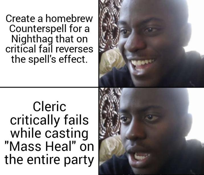 Create a homebrew Counterspell for a Nighthag that on critical fail reverses the spell's effect. Cleric critically fails while casting "Mass Heal" on the entire party
