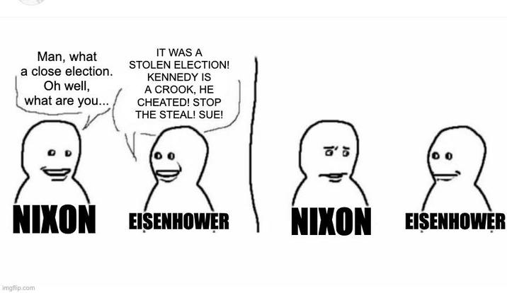 Man, what a close election. Oh well, what are you... IT WAS A STOLEN ELECTION! KENNEDY IS A CROOK, HE CHEATED! STOP THE STEAL! SUE! NIXON EISENHOWER imgflip.com P'N NIXON EISENHOWER
