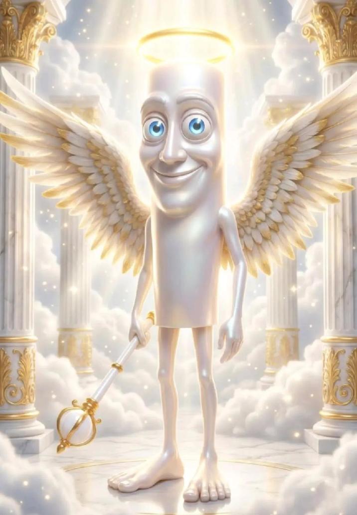 A depiction of Tung Tung Tung Sahur as an angel or god. He is depicted in heaven.