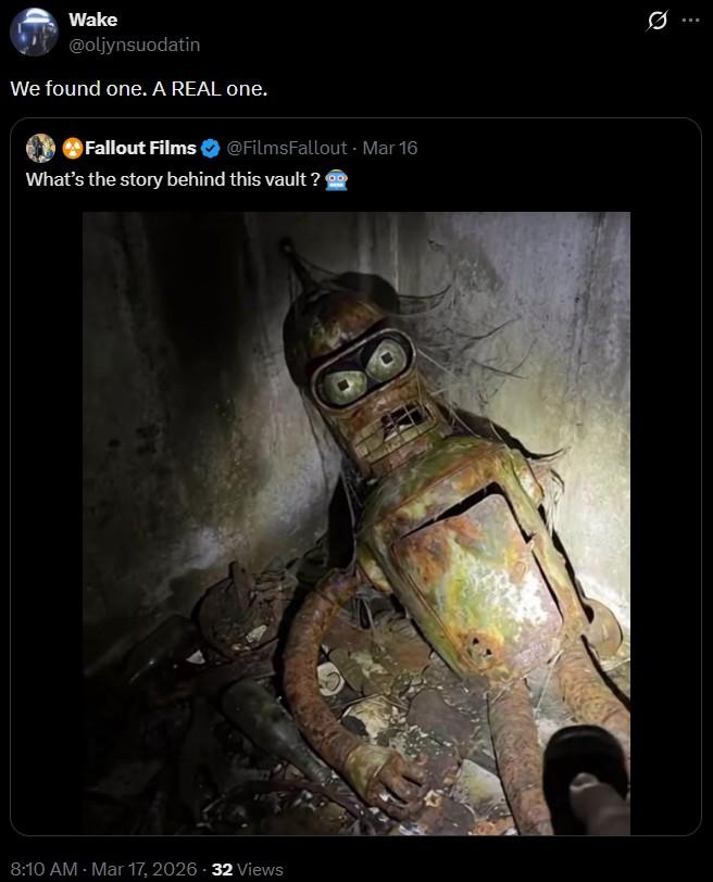 Wake @oljynsuodatin We found one. A REAL one. Fallout Films @FilmsFallout - Mar 16 What's the story behind this vault? 8:10 AM - Mar 17, 2026 - 32 Views