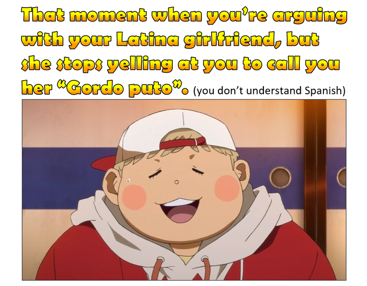 That moment when you're arguing with your Latina girlfriend, but she stops yelling at you to call you her "Gordo puto" (you don't understand Spanish)