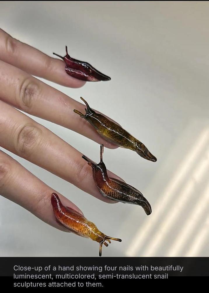Close-up of a hand showing four nails with beautifully luminescent, multicolored, semi-translucent snail sculptures attached to them.