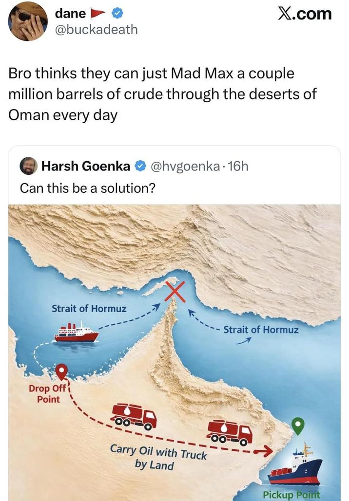 dane @buckadeath X.com Bro thinks they can just Mad Max a couple million barrels of crude through the deserts of Oman every day Harsh Goenka @hvgoenka 16h Can this be a solution? Strait of Hormuz Drop Off Point Carry Oil with Truck by Land Strait of Hormuz " Pickup Point