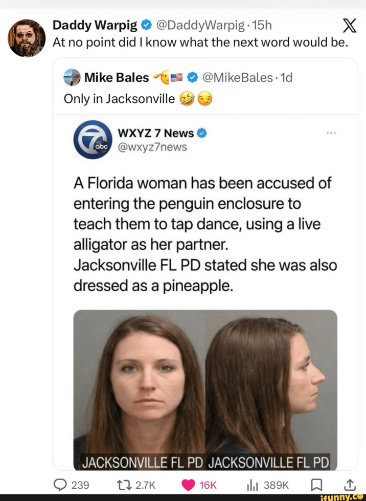 Daddy Warpig @DaddyWarpig. 15h X At no point did I know what the next word would be. Mike Bales Only in Jacksonville WXYZ 7 News abc@wxyz7news @MikeBales. 1d A Florida woman has been accused of entering the penguin enclosure to teach them to tap dance, using a live alligator as her partner. Jacksonville FL PD stated she was also dressed as a pineapple. 239 JACKSONVILLE FL PD JACKSONVILLE FL PD 12.7K 16K Ilil 389K □ ↑ ifunny.co