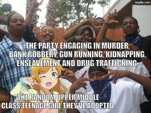 imgflip.com THE PARTY ENGAGING IN MURDER, BANK ROBBERY, GUN RUNNING, KIDNAPPING, ENSLAVEMENT AND DRUG TRAFFICKING THE RANDOM UPPER MIDDLE CLASS TEENAGE GIRL THEY'VE ADOPTED