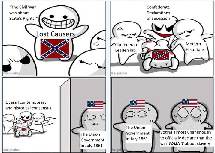 "The Civil War was about State's Rights!" Lost Causers dai joubu Overall contemporary and historical consensus dai joubu Confederate Leadership dai joubu Confederate Declarations of Secession Modern Historians The Union Government in July 1861 Haijou The Union Government in July 1861 Voting almost unanimously to officially declare that the war WASN'T about slavery