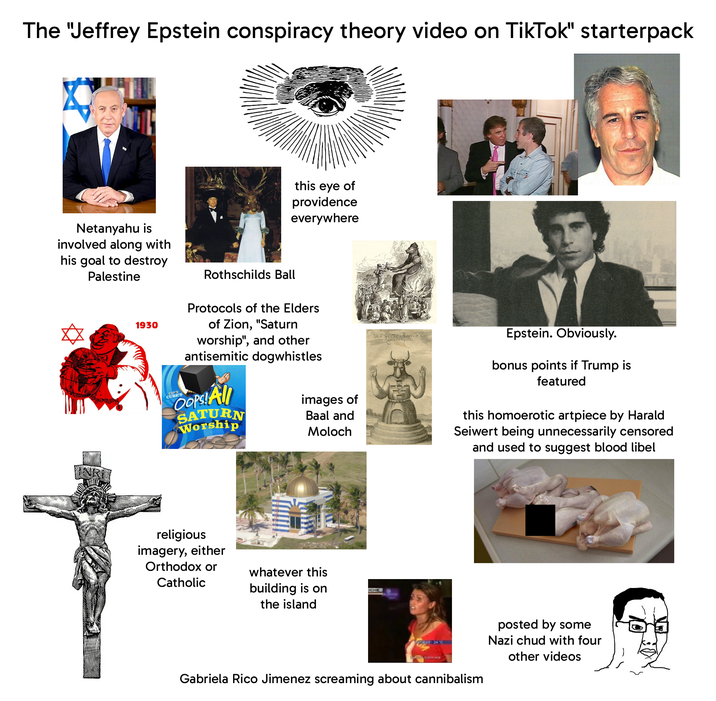 The "Jeffrey Epstein conspiracy theory video on TikTok" starterpack this eye of providence everywhere Netanyahu is involved along with his goal to destroy Palestine 1930 CAP'N CUBE'S Rothschilds Ball Protocols of the Elders of Zion, "Saturn worship", and other antisemitic dogwhistles OOPS! All SATURN Worship images of Baal and Moloch religious imagery, either Orthodox or Catholic whatever this building is on the island CHE Epstein. Obviously. bonus points if Trump is featured this homoerotic artpiece by Harald Seiwert being unnecessarily censored and used to suggest blood libel Gabriela Rico Jimenez screaming about cannibalism posted by some Nazi chud with four other videos
