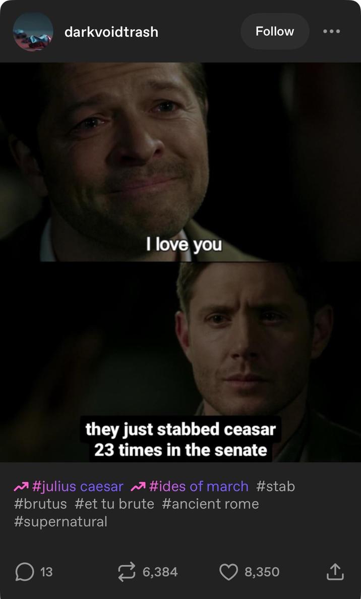 darkvoidtrash Follow I love you they just stabbed ceasar 23 times in the senate #julius caesar ☑#ides of march #stab #brutus #et tu brute #ancient rome #supernatural ☐ 13 6,384 8,350