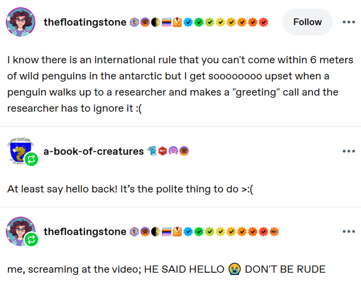 thefloatingstone Follow I know there is an international rule that you can't come within 6 meters of wild penguins in the antarctic but I get sooo00000 upset when a penguin walks up to a researcher and makes a "greeting" call and the researcher has to ignore it :( 3 a-book-of-creatures At least say hello back! It's the polite thing to do >:( thefloatingstone me, screaming at the video; HE SAID HELLO DON'T BE RUDE