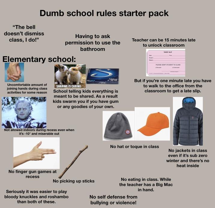 Dumb school rules starter pack "The bell doesn't dismiss class, I do!" Having to ask permission to use the bathroom Elementary school: Teacher can be 15 minutes late to unlock classroom TARDY SLIP Date Student Time Reason PLEASE ADMIT STUDENT TO CLASS Excused Unexcused Uncomfortable amount of joining hands during class activities for some reason SHARING IS CARING Stride School telling kids everything is meant to be shared. As a result kids swarm you if you have gum or any goodies of your own. But if you're one minute late you have to walk to the office from the classroom to get a late slip. Not allowed indoors during recess even when it's -10° and miserable out No finger gun games at recess No picking up sticks Seriously it was easier to play bloody knuckles and roshambo than both of these. No hat or toque in class No jackets in class even if it's sub zero winter and there's no heat inside No eating in class. While the teacher has a Big Mac in hand. No self defense from bullying or violence!