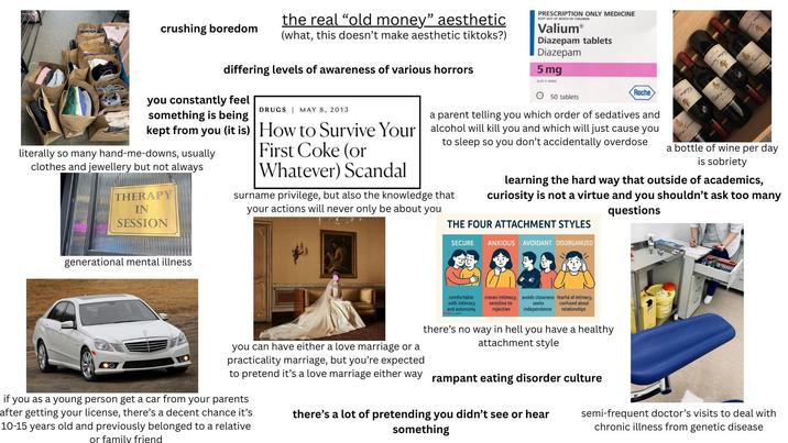 crushing boredom the real “old money” aesthetic (what, this doesn't make aesthetic tiktoks?) differing levels of awareness of various horrors you constantly feel something is being kept from you (it is) literally so many hand-me-downs, usually clothes and jewellery but not always THERAPY IN SESSION generational mental illness PRESCRIPTION ONLY MEDICINE KEEP OUT OF REACH OF CHILDREN Valium® Diazepam tablets Diazepam 5 mg AUST R 48566 Roche 50 tablets DRUGS MAY 8, 2013 a parent telling you which order of sedatives and How to Survive Your alcohol will kill you and which will just cause you First Coke (or au Giscours Whatever) Scandal to sleep so you don't accidentally overdose surname privilege, but also the knowledge that your actions will never only be about you a bottle of wine per day is sobriety learning the hard way that outside of academics, curiosity is not a virtue and you shouldn't ask too many questions THE FOUR ATTACHMENT STYLES SECURE ANXIOUS AVOIDANT DISORGANIZED comfortable with intimacy and autonomy craves intimacy, avoids closeness fearful of intimacy, sensitive to seeks confused about. independence relationships rejection if there's no way in hell you have a healthy attachment style you can have either a love marriage or a practicality marriage, but you're expected to pretend it's a love marriage either way rampant eating disorder culture you as a young person get a car from your parents after getting your license, there's a decent chance it's 10-15 years old and previously belonged to a relative or family friend there's a lot of pretending you didn't see or hear something semi-frequent doctor's visits to deal with chronic illness from genetic disease