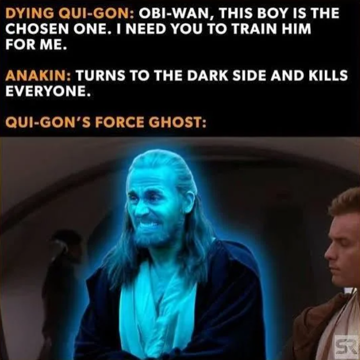 DYING QUI-GON: OBI-WAN, THIS BOY IS THE CHOSEN ONE. I NEED YOU TO TRAIN HIM FOR ME. ANAKIN: TURNS TO THE DARK SIDE AND KILLS EVERYONE. QUI-GON'S FORCE GHOST: SR