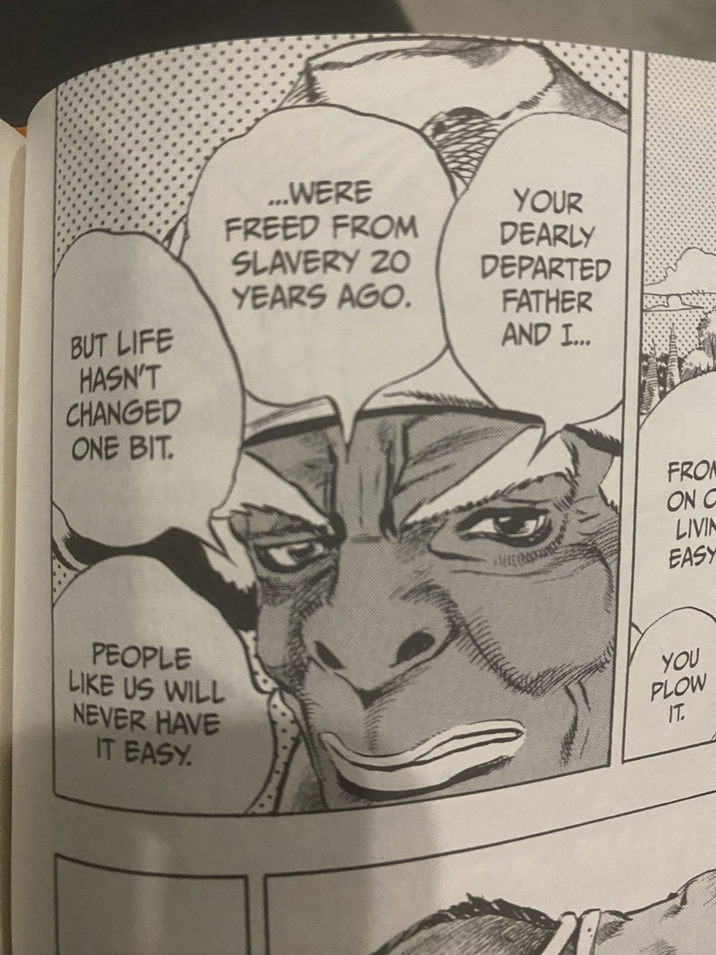 ...WERE FREED FROM YOUR DEARLY SLAVERY 20 DEPARTED YEARS AGO. FATHER BUT LIFE AND I... HASN'T CHANGED ONE BIT. PEOPLE LIKE US WILL NEVER HAVE IT EASY. FROM ON C LIVIN EASY YOU PLOW IT.