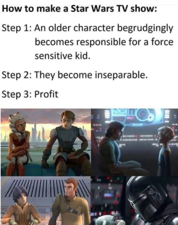 How to make a Star Wars TV show: Step 1: An older character begrudgingly becomes responsible for a force sensitive kid. Step 2: They become inseparable. Step 3: Profit