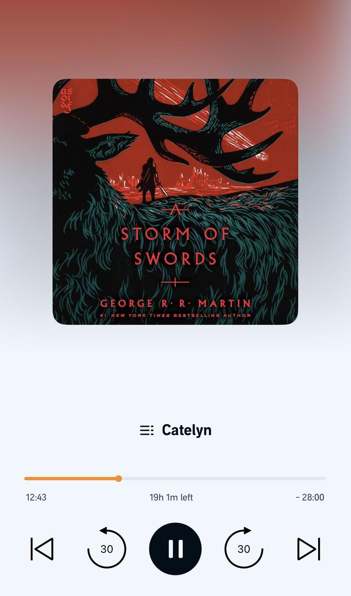 12:43 STORM OF SWORDS GEORGE RR MARTIN # NEW YORK TIMES BESTSELLING AUTHOR =: Catelyn 19h 1m left к 30 || 30 - 28:00 ☑I