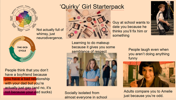 Aggression Depression Fixations Contact Poor Eve Abnormal Posture Anxiety OBSESSION RELIEF at Spe fficulty DISTRESS THE OCD CYCLE COMPULSION 'Quirky' Girl Starterpack Not actually full of whimsy, just neurodivergence. Guy at school wants to date you because he thinks you'll fix him or something Learning to do makeup because it gives you some semblance of respect People laugh even when you aren't doing anything funny People think that you don't have a boyfriend because you have a bad relationship with your dad but you're actually just gay (and no, it's not because your dad sucks) Socially isolated from almost everyone in school Adults compare you to Amelie just because you're odd.