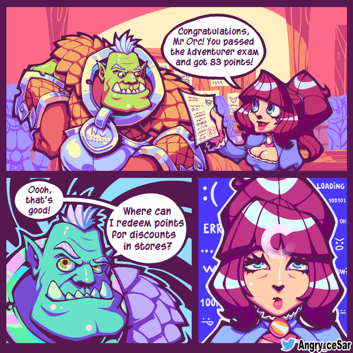 PAACONS Congratulations, Mr Orc! You passed the Adventurer exam and got 83 points! ולע Oooh, that's good! Where can I redeem points For discounts in stores? 1337. 00 GOBLIN 000 wwww (83) :( ERR 100 LOADING 100101 OH 1:0 W! Angry ceSar
