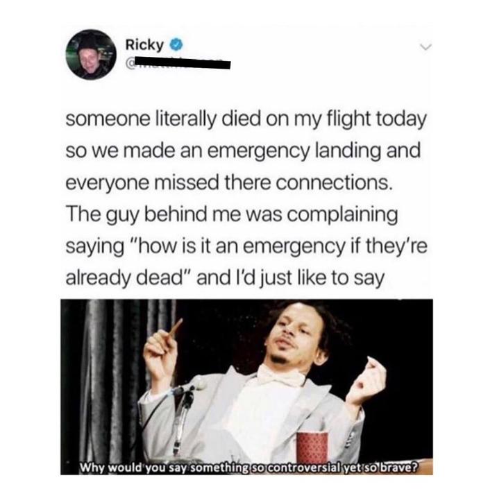 Ricky → someone literally died on my flight today so we made an emergency landing and everyone missed there connections. The guy behind me was complaining saying "how is it an emergency if they're already dead" and I'd just like to say Why would you say something so controversial yet so brave?