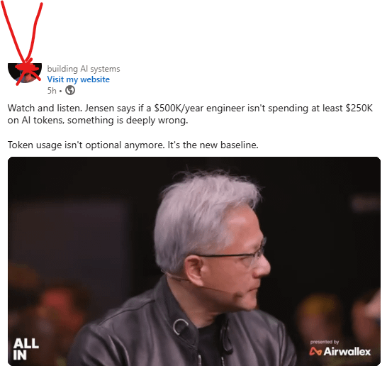 building Al systems Visit my website 5h. > Watch and listen. Jensen says if a $500K/year engineer isn't spending at least $250K on Al tokens, something is deeply wrong. Token usage isn't optional anymore. It's the new baseline. ALL presented by Airwallex IN