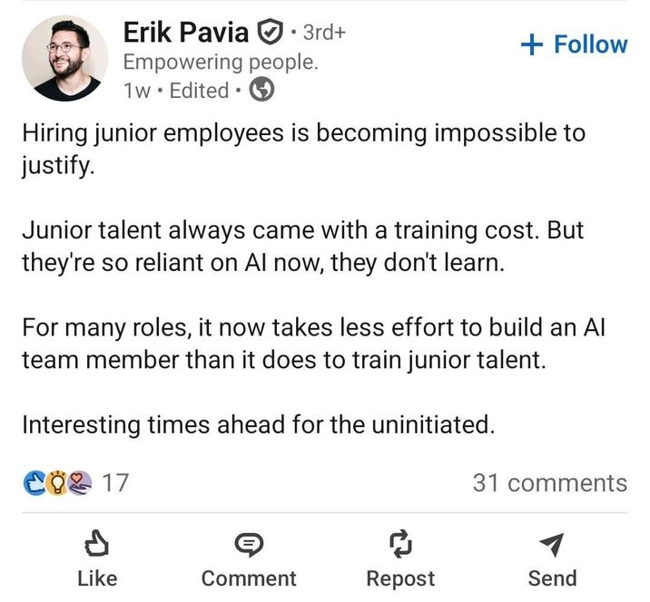Erik Pavia • 3rd+ Empowering people. 1w Edited 1 • + Follow Hiring junior employees is becoming impossible to justify. Junior talent always came with a training cost. But they're so reliant on Al now, they don't learn.. For many roles, it now takes less effort to build an Al team member than it does to train junior talent. Interesting times ahead for the uninitiated. CO2 17 31 comments ៨ Like Comment Repost Send