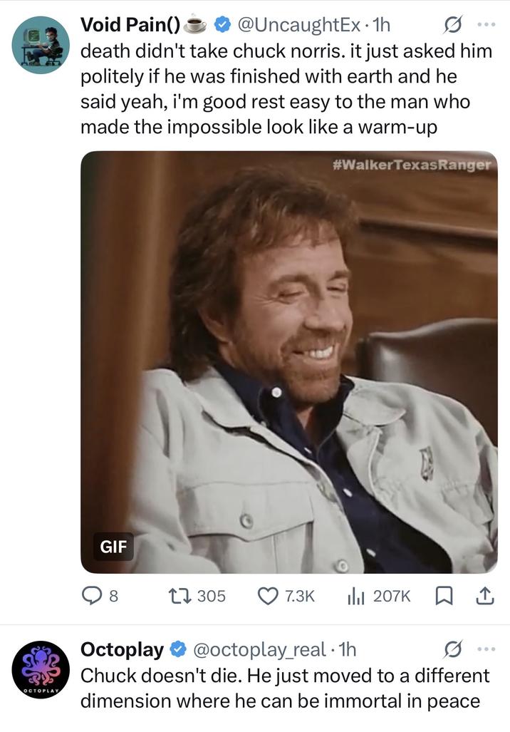 OCTOPLAY Void Pain() @UncaughtEx. 1h death didn't take chuck norris. it just asked him politely if he was finished with earth and he said yeah, i'm good rest easy to the man who made the impossible look like a warm-up #Walker Texas Ranger GIF 8 1305 7.3K Ilil 207K □ ↑ Octoplay @octoplay_real 1h Chuck doesn't die. He just moved to a different dimension where he can be immortal in peace • 0