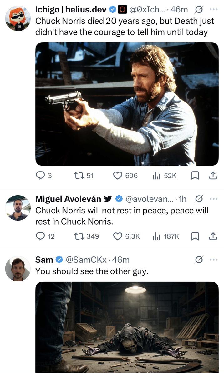 Ichigo | helius.dev @0xIch... 46m Chuck Norris died 20 years ago, but Death just didn't have the courage to tell him until today 3 1751 Miguel Avoleván ✔ 696 ılı 52K ☐ ↑ @avolevan... 1h . Chuck Norris will not rest in peace, peace will rest in Chuck Norris. 12 Sam 349 6.3K ılı 187K ☐ ↑ @SamCKx.46m ... You should see the other guy.