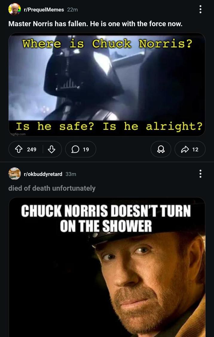 r/PrequelMemes 22m Master Norris has fallen. He is one with the force now. Where is Chuck Norris? OK Is he safe? Is he alright? gflip.com ↑ 249 凸 ☐ 19 r/okbuddyretard 33m died of death unfortunately CHUCK NORRIS DOESN'T TURN ON THE SHOWER 12