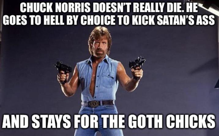 CHUCK NORRIS DOESN'T REALLY DIE. HE GOES TO HELL BY CHOICE TO KICK SATAN'S ASS AND STAYS FOR THE GOTH CHICKS