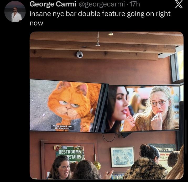 George Carmi @georgecarmi · 17h insane nyc bar double feature going on right now -Animal control, man. Oh, that po-po. RESTROOMS NSTAIRS RODUCING! IKING MA IMITED TIME Call Today, 00-FOR SP