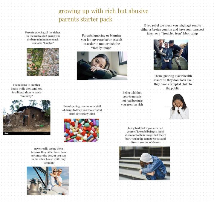 alam alamy growing up with rich but abusive parents starter pack Parents enjoying all the riches for themselves but giving you the bare minimum to teach you to be "humble". Parents ignoring or blaming you for any r---/sa/or assault in order to not tarnish the """family image" If you rebel too much you might get sent to either a foreign country and have your passport taken or a "troubled teen" labor camp Them living in another house while they send you to a literal slum to teach "humility" alamy alamu alamy them keeping you on a cocktail of drugs to keep you too sedated from saying anything never really seeing them because they either have their servants raise you, or you stay in the other house while they vacation Being told that your trauma is not real because you grew up rich Them ignoring major health issues so they dont look like they have a crippled child to the public dream being told that if you ever end yourself it would being so much dishonor to their image that they'll bury you in the remote woods and disown you out of shame