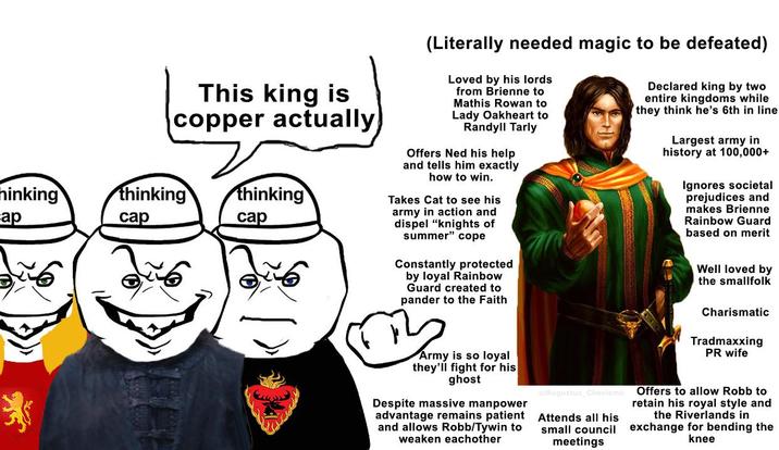 hinking ap * This king is copper actually thinking cap thinking cap (Literally needed magic to be defeated) Loved by his lords from Brienne to Mathis Rowan to Lady Oakheart to Randyll Tarly Offers Ned his help and tells him exactly how to win. Takes Cat to see his army in action and dispel "knights of summer" cope Constantly protected by loyal Rainbow Guard created to pander to the Faith 교 Army is so loyal they'll fight for his ghost Despite massive manpower advantage remains patient and allows Robb/Tywin to weaken eachother Declared king by two entire kingdoms while they think he's 6th in line Largest army in history at 100,000+ Ignores societal prejudices and makes Brienne Rainbow Guard based on merit Well loved by the smallfolk Charismatic Tradmaxxing PR wife u/Augustus Chevismo Offers to allow Robb to Attends all his small council meetings retain his royal style and the Riverlands in exchange for bending the knee