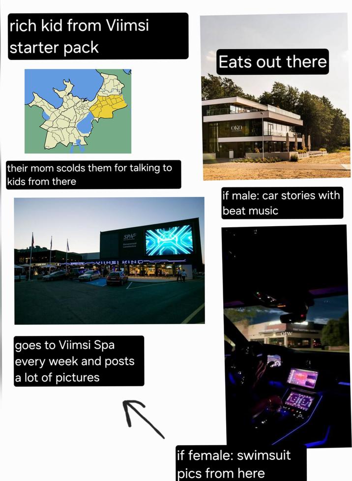 rich kid from Viimsi starter pack Eats out there OKO their mom scolds them for talking to kids from there if male: car stories with beat music BLACK ROSE CERCOR SPA Konverentsid Lastekeskus VILMSI KIND goes to Viimsi Spa every week and posts a lot of pictures KETEN if female: swimsuit pics from here