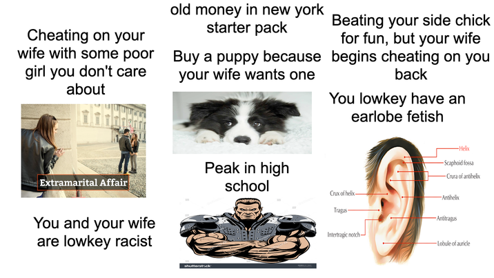 Cheating on your wife with some poor girl you don't care about old money in new york starter pack Buy a puppy because your wife wants one Beating your side chick for fun, but your wife begins cheating on you back You lowkey have an earlobe fetish Extramarital Affair Peak in high school You and your wife are lowkey racist utterstock shutterstock AGE -Helix -Scaphoid fossa -Crura of antihelix Crux of helix -Antihelix Tragus Antitragus Intertragic notch -Lobule of auricle