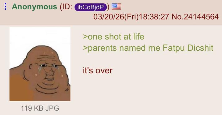 ⠀ Anonymous (ID: ibCoBjdP 03/20/26(Fri)18:38:27 No.24144564 >one shot at life >parents named me Fatpu Dicshit it's over 119 KB JPG