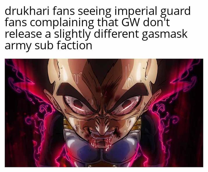 drukhari fans seeing imperial guard fans complaining that GW don't release a slightly different gasmask army sub faction