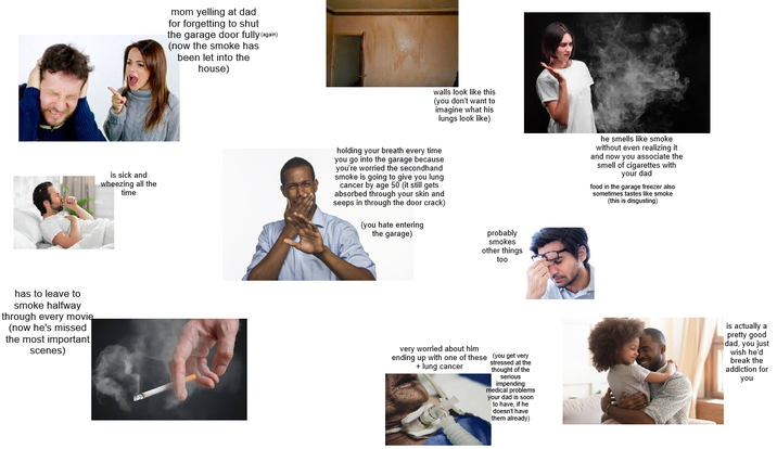has to leave to smoke halfway through every movie (now he's missed the most important scenes) mom yelling at dad for forgetting to shut the garage door fully (again) (now the smoke has been let into the house) walls look like this (you don't want to imagine what his lungs look like) is sick and wheezing all the time holding your breath every time you go into the garage because you're worried the secondhand smoke is going to give you lung cancer by age 50 (it still gets absorbed through your skin and seeps in through the door crack) (you hate entering the garage) probably smokes other things too he smells like smoke without even realizing it and now you associate the smell of cigarettes with your dad food in the garage freezer also sometimes tastes like smoke (this is disgusting) very worried about him ending up with one of these (you get very + lung cancer stressed at the thought of the serious impending medical problems your dad is soon to have, if he doesn't have them already) is actually a pretty good dad, you just wish he'd break the addiction for you